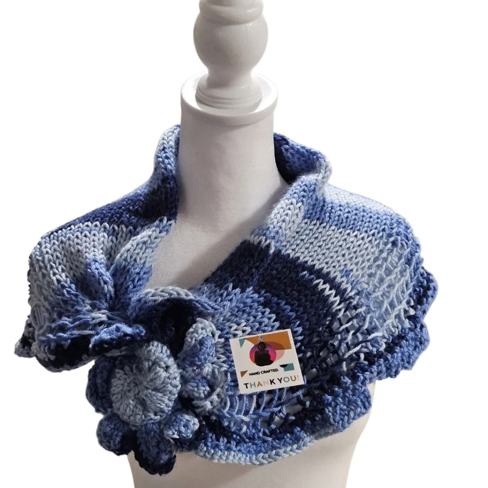 Hand Crafted 12-way scarf Crochet Blue Handmade winter accessory hand knit Ombrè